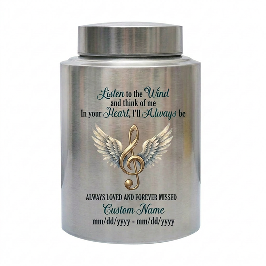 Personalized Music Note Angel Wings Treble Clef Vessel For Music Lovers Loved One Funeral Ashes Container Silver Black Gold Red Small Large Memorial Keepsake Urn, Memorial Gift, In Loving Memory - Image 1