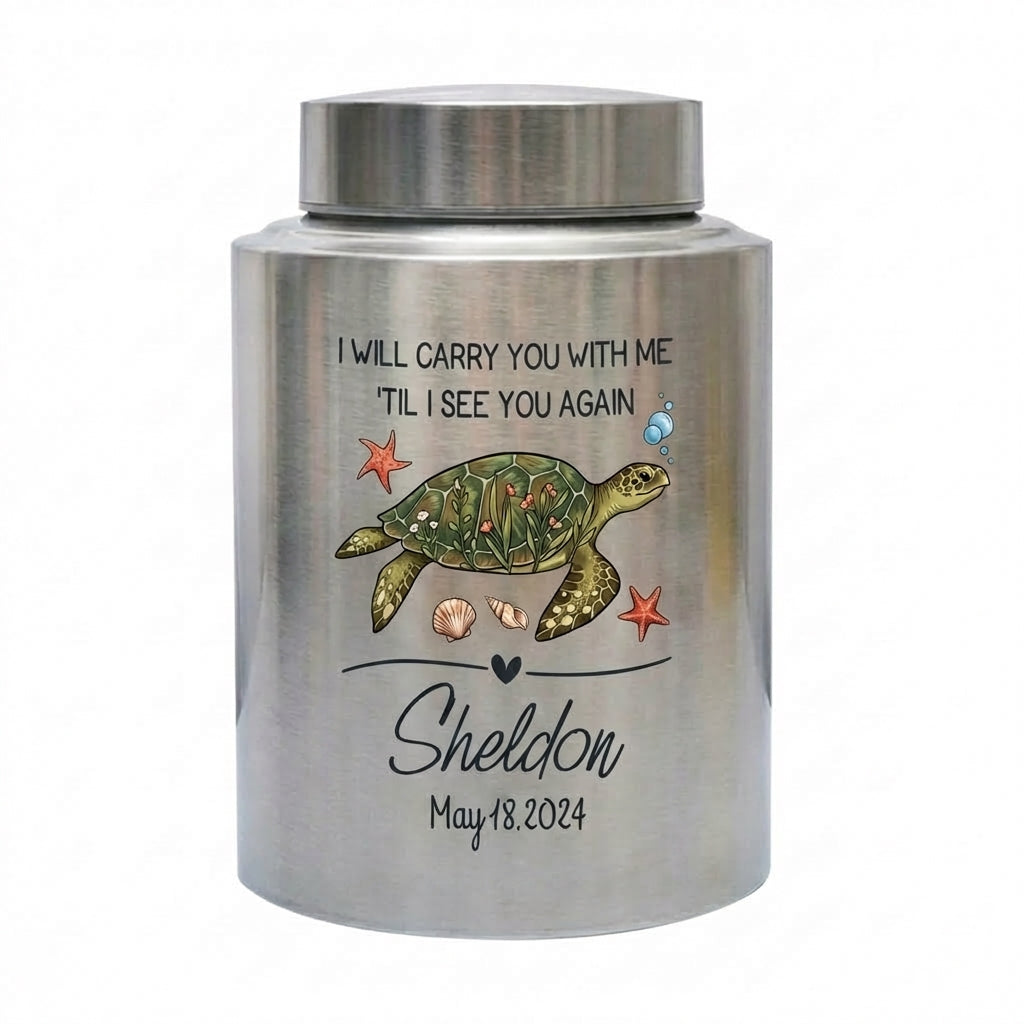Personalized Turtle UV Printed Stainless Steel Cremation Urns For Ashes, Custom Pet Loss Remembrance Or Turtle Lover Bereavement Condolence, Memorial Keepsake Urn, Memorial Gift, In Loving Memory - Image 1