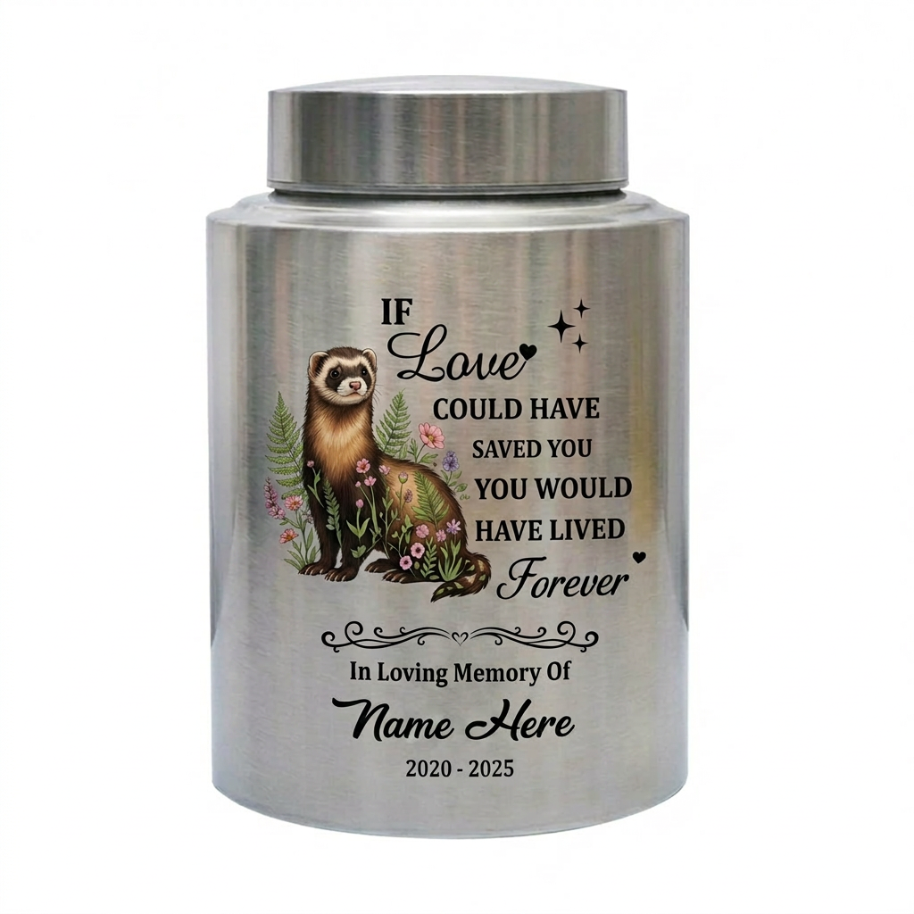 Personalized Botanical Ferret Stainless Steel Pet Urn For Animal Ashes Sympathy Bereavement Display Small Large Sizes Loss Of Pet Memorial Keepsake Urn, Memorial Gift, In Loving Memory - Image 1