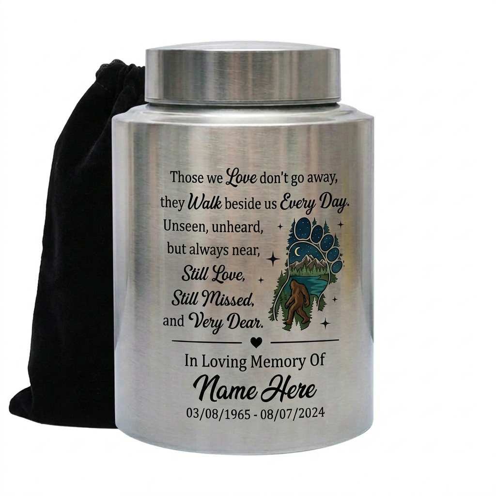 Personalized Bigfoot Sasquatch Stainless Steel Urn for Adult Human Ashes Men Father Husband Bereavement Condolence Silver Black Gold Red Memorial Keepsake Urn, Memorial Gift, In Loving Memory - Image 1