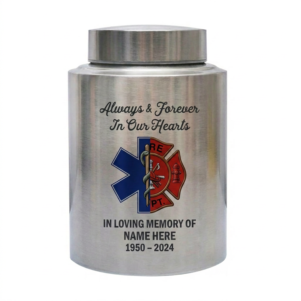 Personalized Firefighter Hero Stainless Steel Cremation Ash Vessel First Responder Sympathy Tribute Custom Name Dates Small Large Memorial Keepsake Urn, Memorial Gift, In Loving Memory - Image 1