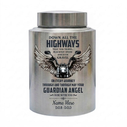 Personalized Motorcycle Riding In Heaven Guardian Angel Stainless Steel Cremation Ash Holder For Adult Male Dad Biker Large UV Print Memorial Keepsake Urn, Memorial Gift, In Loving Memory - Image 1