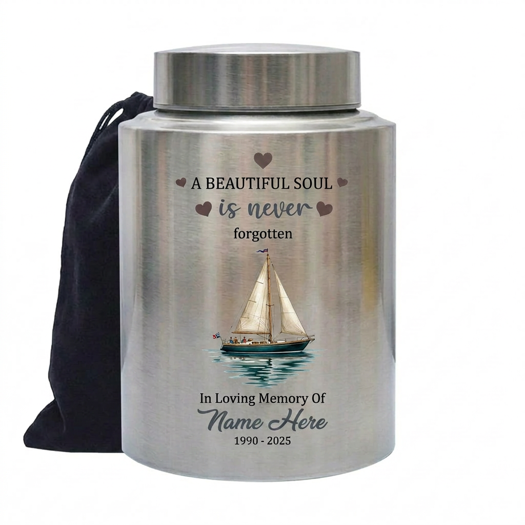 Personalized Sail Boat Stainless Steel Cremation Urn for Adult Male Female Dad Mom Large 7.5x5.1 Small 5.9x3.9 Silver Black Gold Red Memorial Keepsake Urn, Memorial Gift, In Loving Memory - Image 1