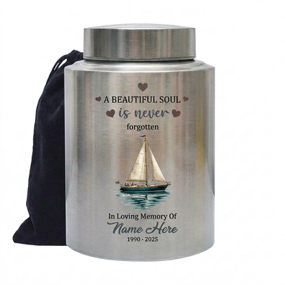 Personalized Sail Boat Stainless Steel Cremation Urn for Adult Male Female Dad Mom Large 7.5x5.1 Small 5.9x3.9 Silver Black Gold Red Memorial Keepsake Urn, Memorial Gift, In Loving Memory - Image 1