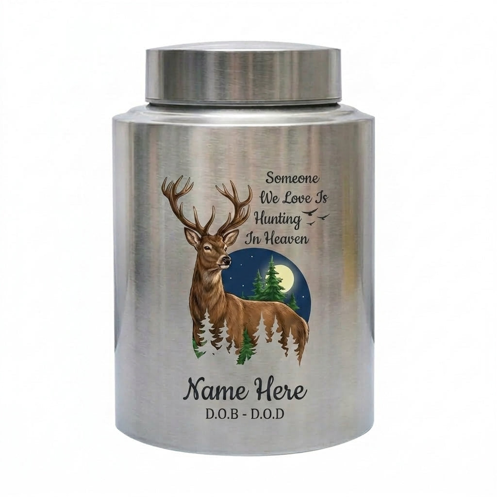 Personalized Deer Hunting Silhouette Stainless Steel Urn for Outdoorsman Dad Grandpa Husband, Hunting In Heaven Custom Adult Ashes Holder, Memorial Keepsake Urn, Memorial Gift, In Loving Memory - Image 1