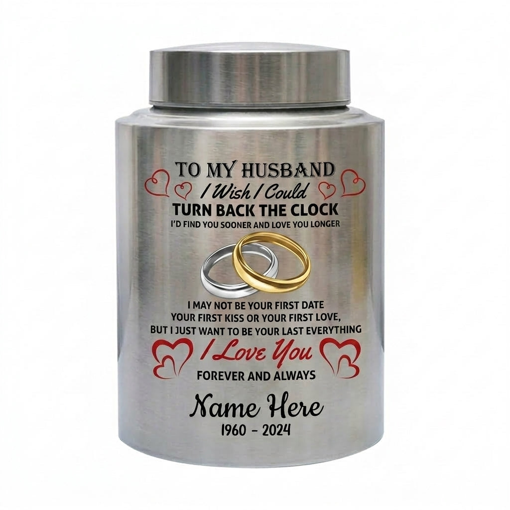 Personalized Interlocked Wedding Rings Couple In Heaven UV Printed Urn For Loss Of Husband Sympathy Bereavement Gifts For Widow Two Sizes Memorial Keepsake Urn, Memorial Gift, In Loving Memory - Image 1