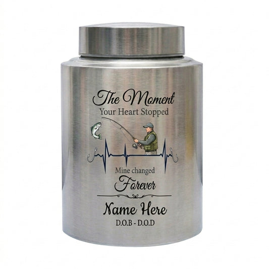 Personalized Bass Fishing Fisherman Heartbeat UV Printed Stainless Steel Cremation Urn For Dad Husband Grandpa Human Ashes 4 Colors 2 Sizes Memorial Keepsake Urn, Memorial Gift, In Loving Memory - Image 1
