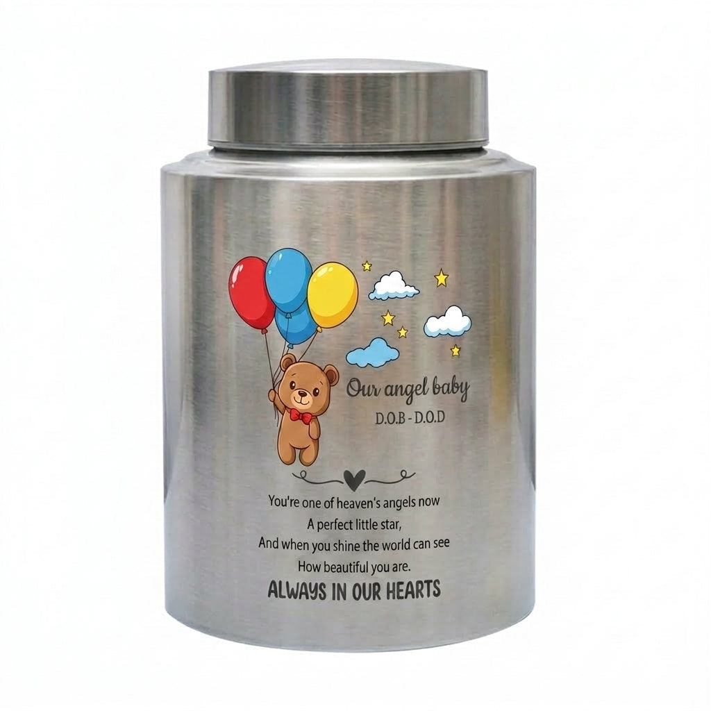 Personalized Teddy Bear Balloons Baby Loss Stainless Steel Urn For Infant Child Bereavement Custom Engraved Sympathy Gift Large And Small Memorial Keepsake Urn, Memorial Gift, In Loving Memory - Image 1