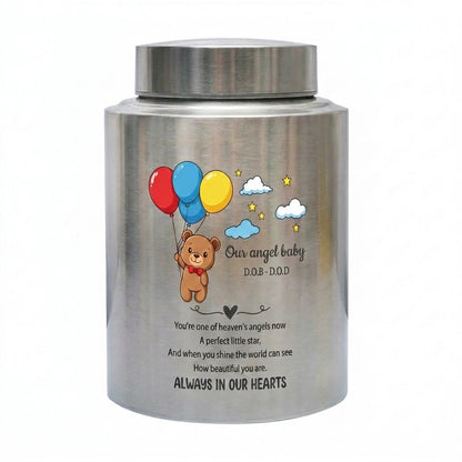 Personalized Teddy Bear Balloons Baby Loss Stainless Steel Urn For Infant Child Bereavement Custom Engraved Sympathy Gift Large And Small Memorial Keepsake Urn, Memorial Gift, In Loving Memory - Image 1