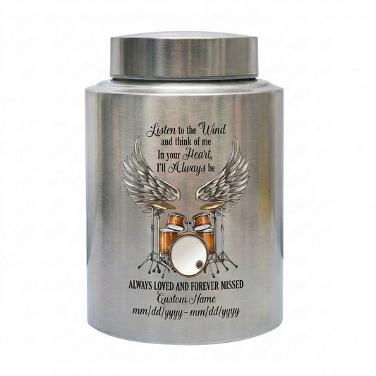 Personalized Drum Music Lover Stainless Steel Cremation Urn Funeral Remembrance for Loved One Adult Men Women Listen to the Wind Quote Memorial Keepsake Urn, Memorial Gift, In Loving Memory - Image 1