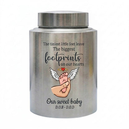 Personalized Baby Footprints Infant Loss Stainless Steel Urn, Child Bereavement Keepsake Custom Dates, Two Sizes 5.9x3.9 7.5x5.1, Memorial Keepsake Urn, Memorial Gift, In Loving Memory - Image 1