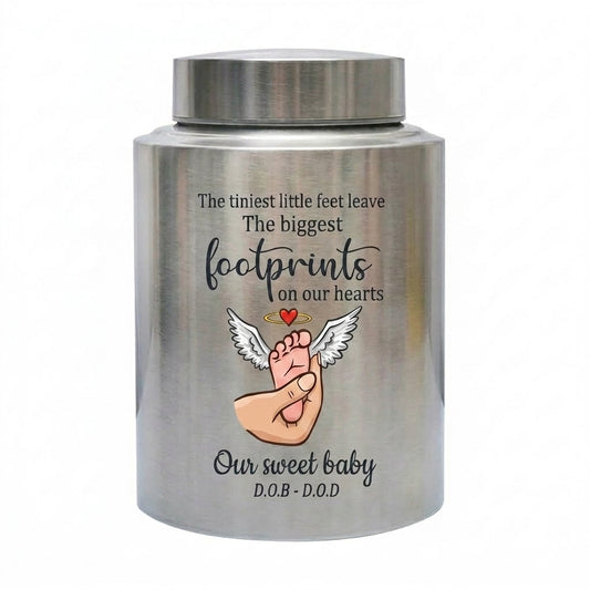 Personalized Baby Footprints Infant Loss Stainless Steel Urn, Child Bereavement Keepsake Custom Dates, Two Sizes 5.9x3.9 7.5x5.1, Memorial Keepsake Urn, Memorial Gift, In Loving Memory - Image 1
