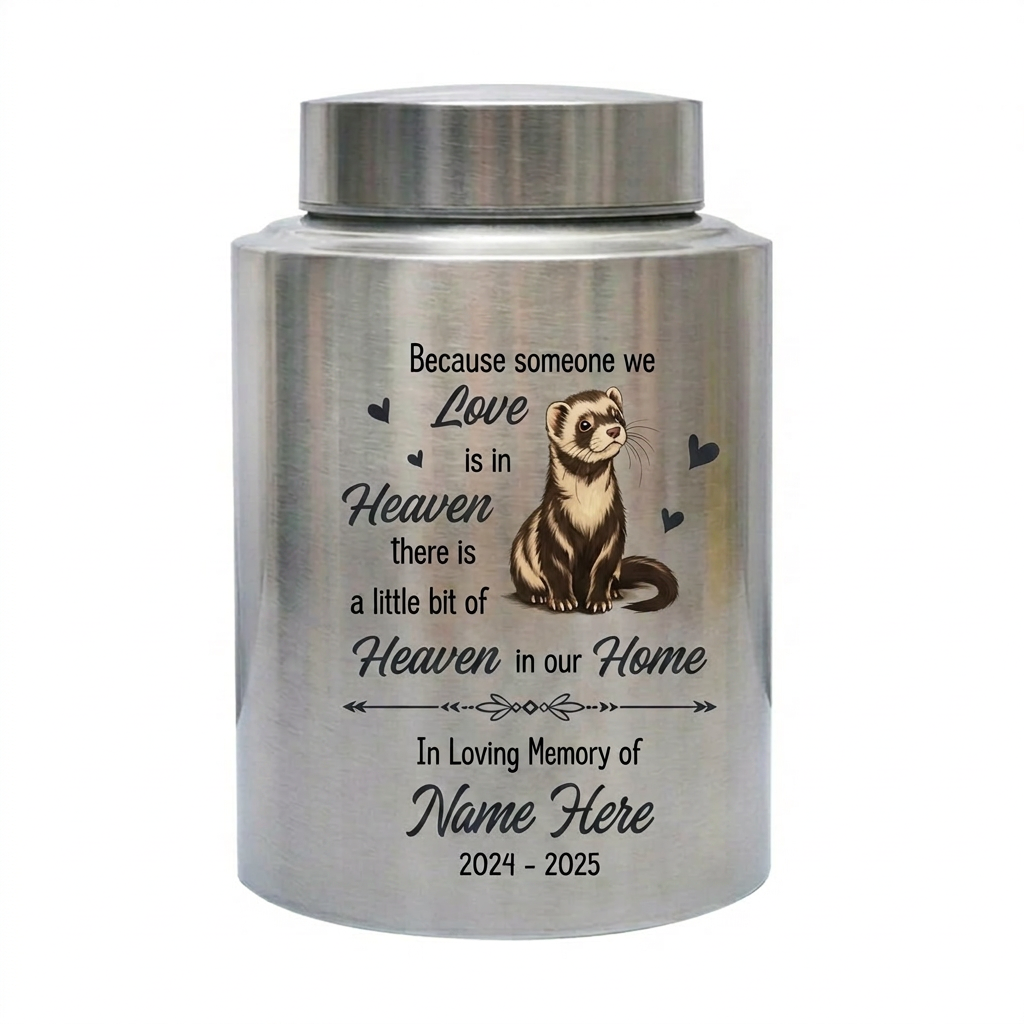Personalized Ferret Heaven in Our Home Pet Urn Stainless Steel Animal Ashes Loss of Pet Sympathy Bereavement Present Two Sizes Silver Black Memorial Keepsake Urn, Memorial Gift, In Loving Memory - Image 1