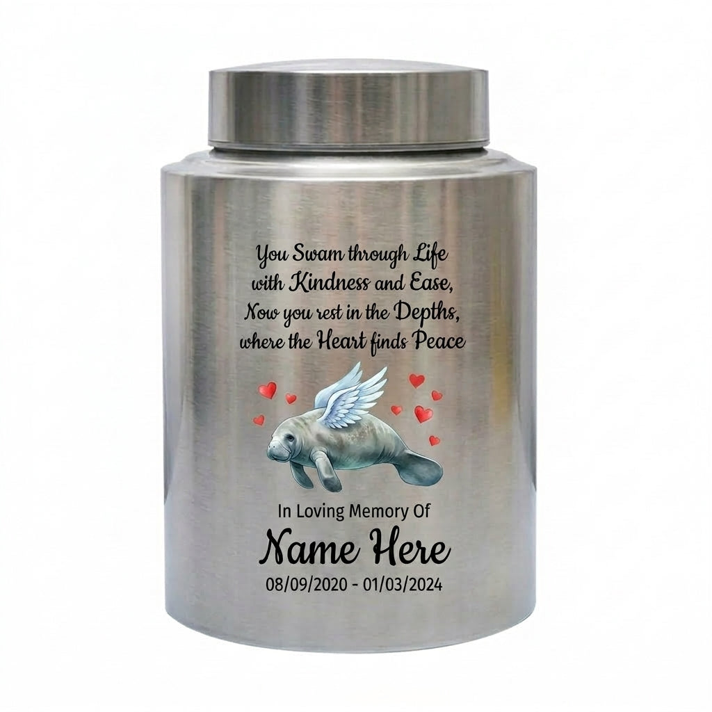 Personalized Manatee Beach Ocean Stainless Steel UV Printed Loss Of Loved One Marine Enthusiast Remembrance Keepsake Small Large Memorial Keepsake Urn, Memorial Gift, In Loving Memory - Image 1