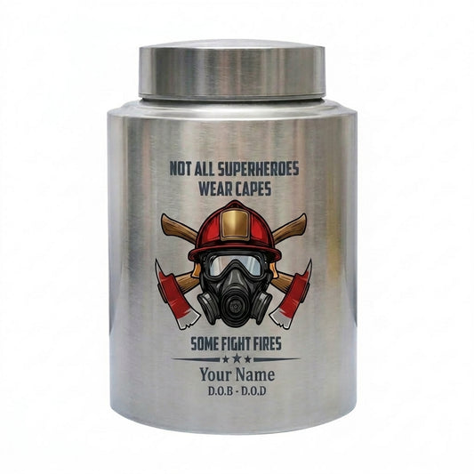 Personalized Firefighter Superheroes Wear Capes Large Stainless Steel Cremation Urn For Adult Human Ashes First Responder Tribute Memorial Keepsake Urn, Memorial Gift, In Loving Memory - Image 1