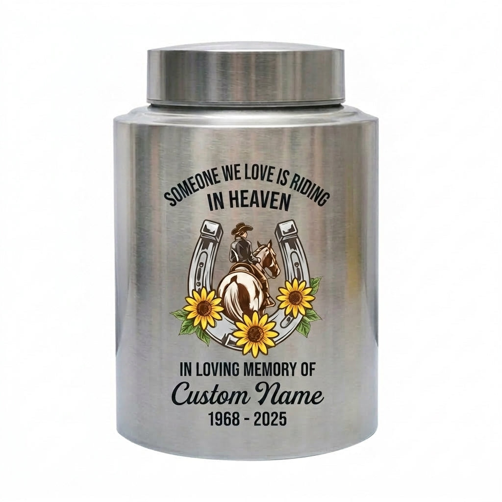 Personalized Cowgirl Horse Riding Stainless Steel UV Print Urn for Loss of Farmer Equestrian Bereavement Ash Holder Large Silver Black Gold Red Memorial Keepsake Urn, Memorial Gift, In Loving Memory - Image 1