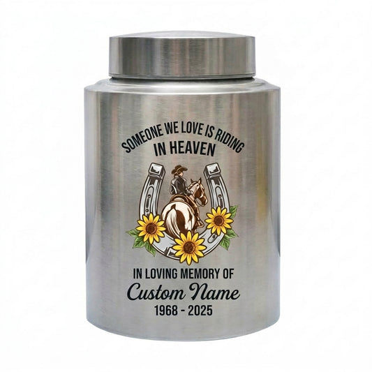 Personalized Cowgirl Horse Riding Stainless Steel UV Print Urn for Loss of Farmer Equestrian Bereavement Ash Holder Large Silver Black Gold Red Memorial Keepsake Urn, Memorial Gift, In Loving Memory - Image 1