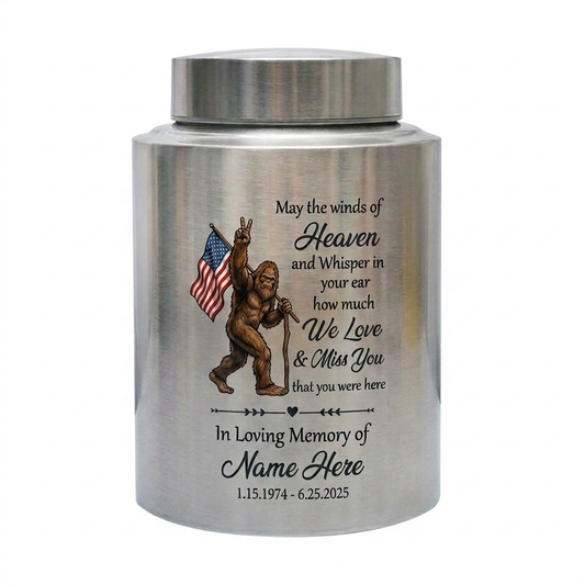 Personalized Bigfoot Sasquatch UV Print Stainless Steel Urn for Men Women Outdoorsman Bereavement Adult Human Ashes 2 Sizes 4 Colors Memorial Keepsake Urn, Memorial Gift, In Loving Memory - Image 1