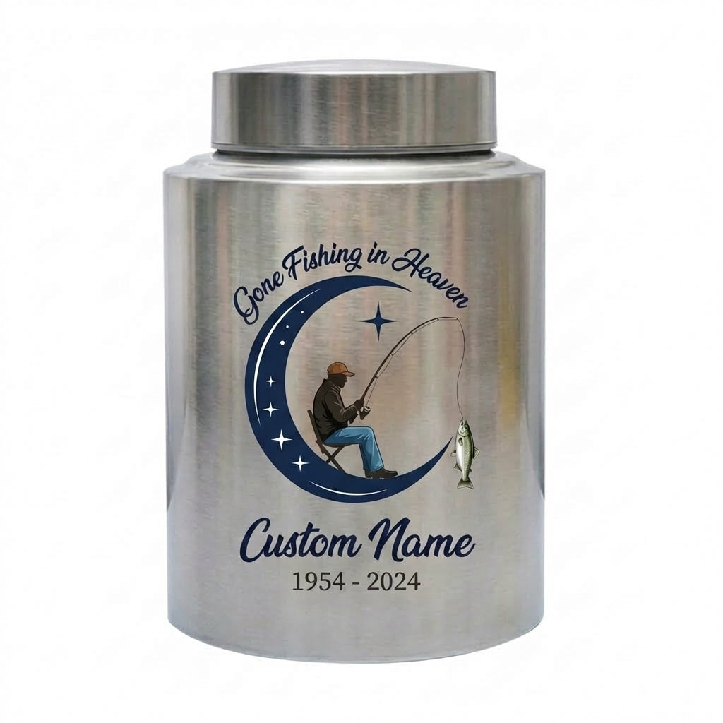 Personalized Gone Fishing in Heaven Bass Fisherman Stainless Steel Urn for Human Ashes Loss of Father Grandpa 5.9x3.9 7.5x5.1 Memorial Keepsake Urn, Memorial Gift, In Loving Memory - Image 1
