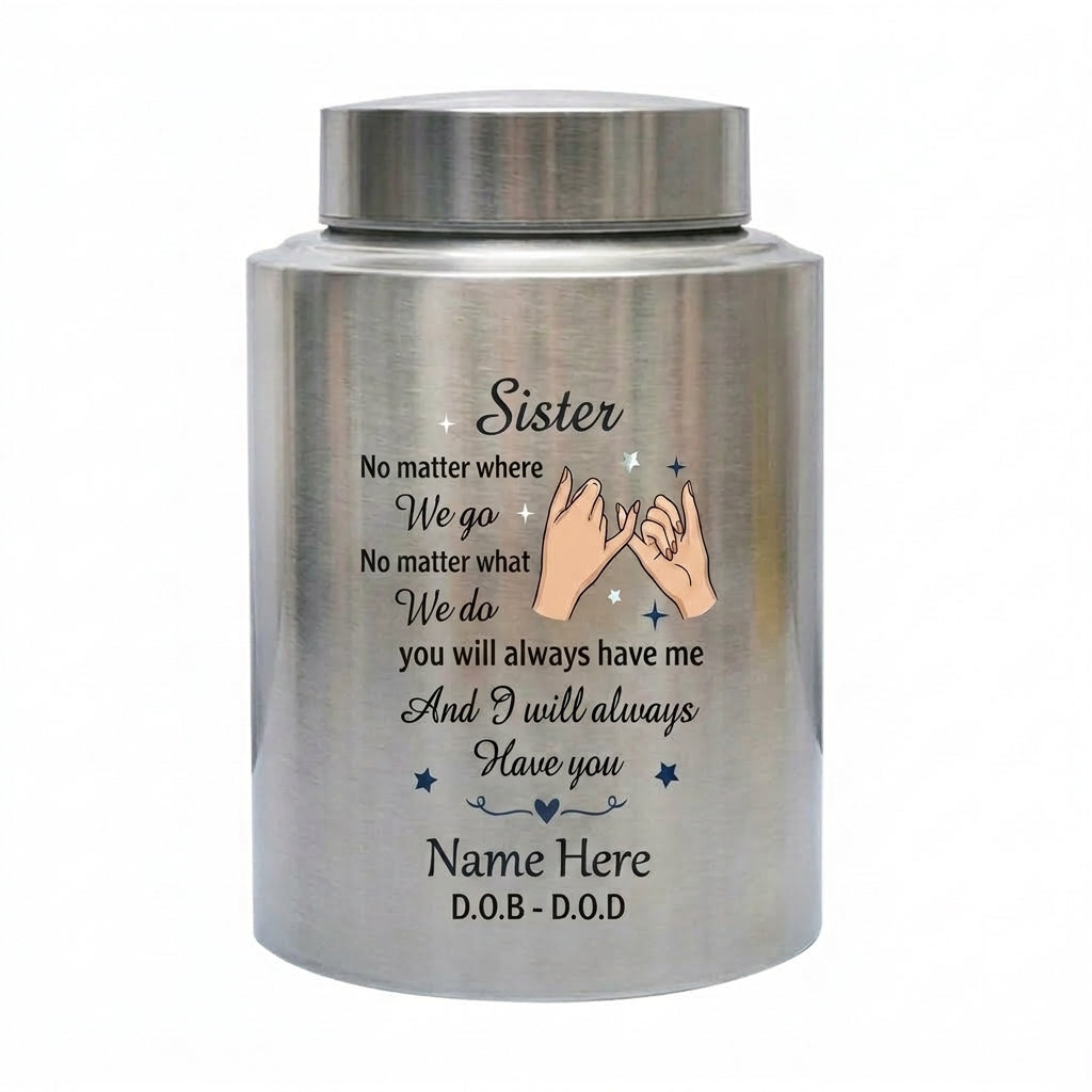 Personalized Sister Pinky Promise Interlocking Hands Stainless Steel Memorial Cremation Urn for Bestie Sister-In-Law Loss, 2 Sizes, Memorial Keepsake Urn, Memorial Gift, In Loving Memory - Image 1