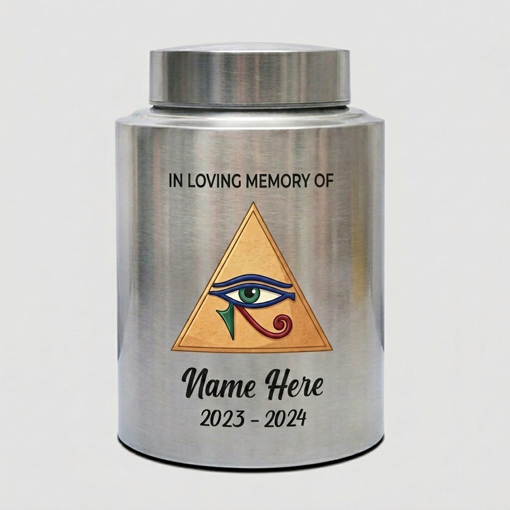 Personalized Eye of Horus Hamsa Hand Evil Eye Large Stainless Steel Cremation Urn for Human Ashes Spiritual Tribute 2 Sizes Memorial Keepsake Urn, Memorial Gift, In Loving Memory - Image 1