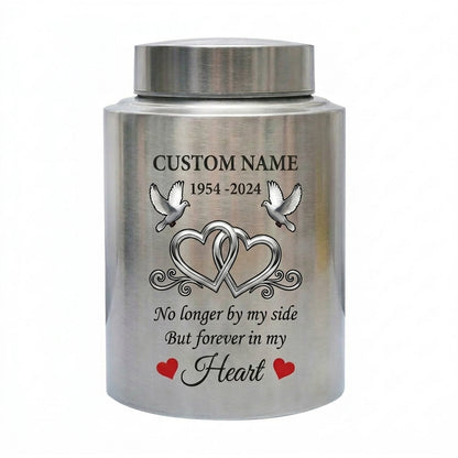 Personalized Infinity Love Doves Stainless Steel Cremation Urn for Adult Ashes, No Longer By My Side Quote, 5.9x3.9 or 7.5x5.1 inch, Memorial Keepsake Urn, Memorial Gift, In Loving Memory - Image 1