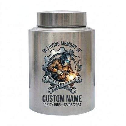 Personalized Welder Gear and Wrenches UV Printed Stainless Steel Urn for Loss of Father Husband Mechanic Bereavement Tribute Two Sizes Memorial Keepsake Urn, Memorial Gift, In Loving Memory - Image 1