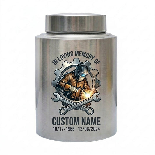 Personalized Welder Gear and Wrenches UV Printed Stainless Steel Urn for Loss of Father Husband Mechanic Bereavement Tribute Two Sizes Memorial Keepsake Urn, Memorial Gift, In Loving Memory - Image 1