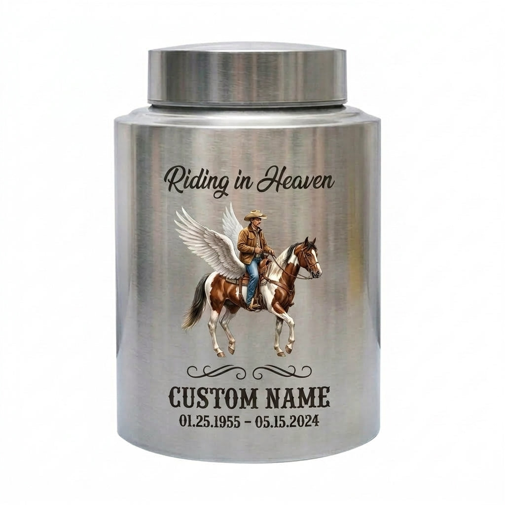Personalized Cowboy Boots Hat Cross Western UV Printed Stainless Steel Funeral Urn for Adult Human Ashes Large Custom Riding In Heaven Memorial Keepsake Urn, Memorial Gift, In Loving Memory - Image 1