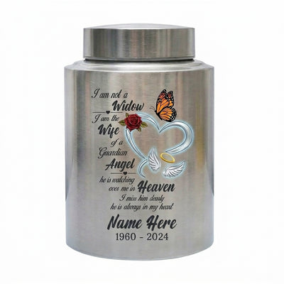 Personalized Guardian Angel Wings Heart Butterfly Rose Stainless Steel Loss of Husband Sympathy Widow Remembrance Decor 5.9x3.9in Memorial Keepsake Urn, Memorial Gift, In Loving Memory - Image 1 | BXGH-SMALL-SILVER-B0DJ5G277B BXGH-SMALL-BLACK-B0DJ5G277B BXGH-SMALL-RED-B0DJ5G277B BXGH-SMALL-GOLDEN-B0DJ5G277B BXGH-LARGE-SILVER-B0DJ5G277B BXGH-LARGE-BLACK-B0DJ5G277B BXGH-LARGE-RED-B0DJ5G277B BXGH-LARGE-GOLDEN-B0DJ5G277B