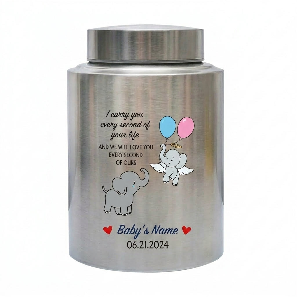 Personalized Angel Baby Elephant Grieving Stainless Steel Urn For Infant Loss Miscarriage Child Memory Large 7.5x5.1 UV Printed Decor Memorial Keepsake Urn, Memorial Gift, In Loving Memory - Image 1