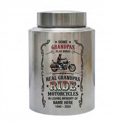 Personalized Motorcycle Stainless Steel Large Urn for Human Ashes, Real Grandpas Ride Motorcycles Biker Dad Grandfather Tribute, Memorial Keepsake Urn, Memorial Gift, In Loving Memory - Image 1