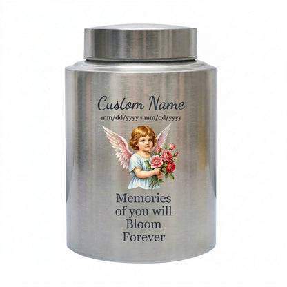 Personalized Baby Flower Bloom UV Printed Stainless Steel Cremation Urn for Infant Child Boy Girl, Custom Name Dates Large Ash Holder, Memorial Keepsake Urn, Memorial Gift, In Loving Memory - Image 1