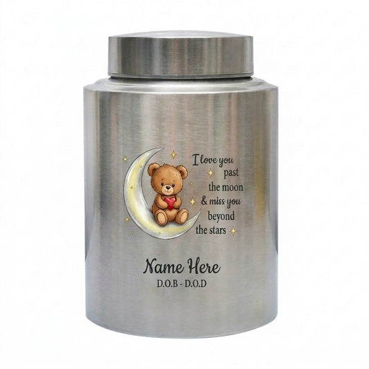 Personalized Teddy Bear Crescent Moon Stars Baby Loss Stainless Steel Urn Infant Child Bereavement Custom Two Sizes Parents Family Memorial Keepsake Urn, Memorial Gift, In Loving Memory - Image 1