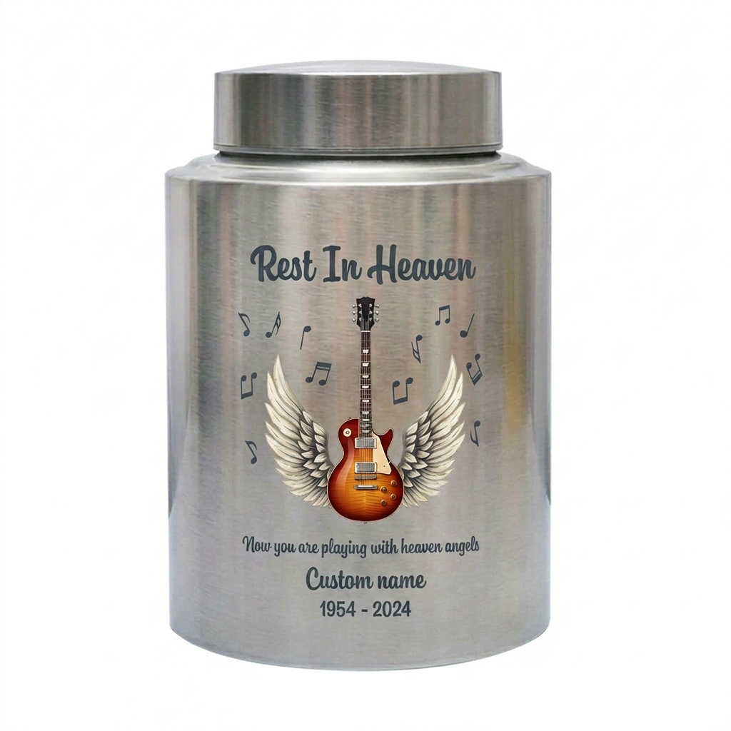 Personalized Guitar Music Lovers Stainless Steel Funeral Cremation Vault For Musician Guitarist Adult Male Female Remains Small And Large Sizes Memorial Keepsake Urn, Memorial Gift, In Loving Memory - Image 1