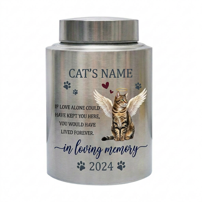 Personalized Angel Cat Silhouette Stainless Steel Pet Loss Bereavement Gift for Cat Mom Dad Custom Feline Remembrance Decor 5.9x3.9 or 7.5x5.1 in Memorial Keepsake Urn, Memorial Gift, In Loving Memory - Image 1
