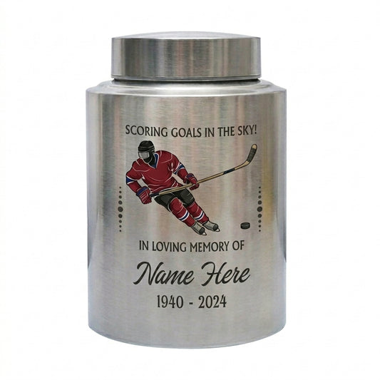 Personalized Ice Hockey UV Printed Stainless Steel Sports Fan Player Loss Funeral Ashes Display For Home Mantel Large And Small Memorial Keepsake Urn, Memorial Gift, In Loving Memory - Image 1