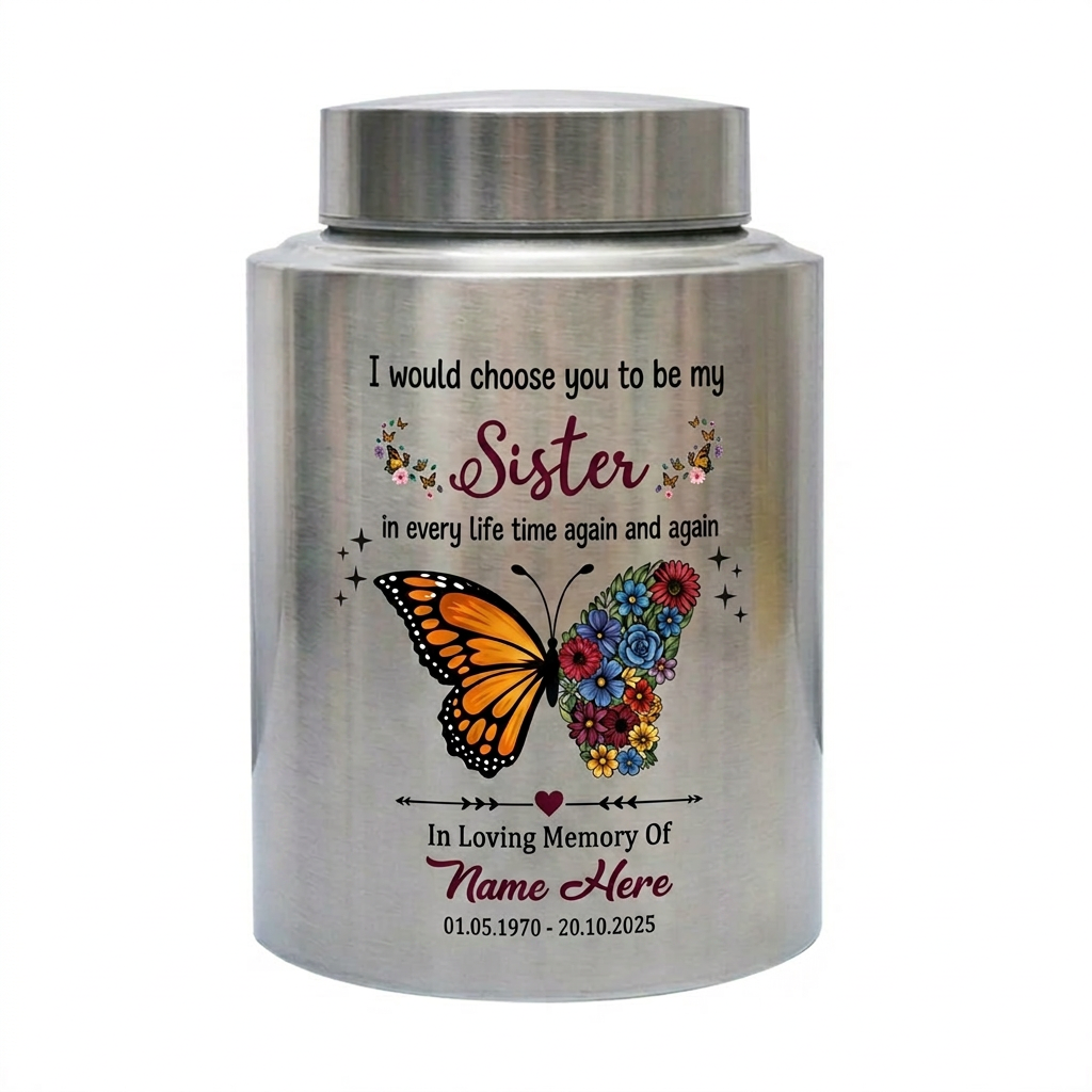 Personalized Sister Butterfly Floral UV Print Cremation Urn for Human Ashes, Loss of Sister or Bestie Bereavement Ash Holder Large, Memorial Keepsake Urn, Memorial Gift, In Loving Memory - Image 1