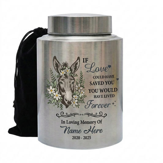 Personalized Floral Crown Donkey Stainless Steel Cremation Urn for Pet Ashes, Loss of Donkey Sympathy Remembrance Decor, 4 Colors, Memorial Keepsake Urn, Memorial Gift, In Loving Memory - Image 1