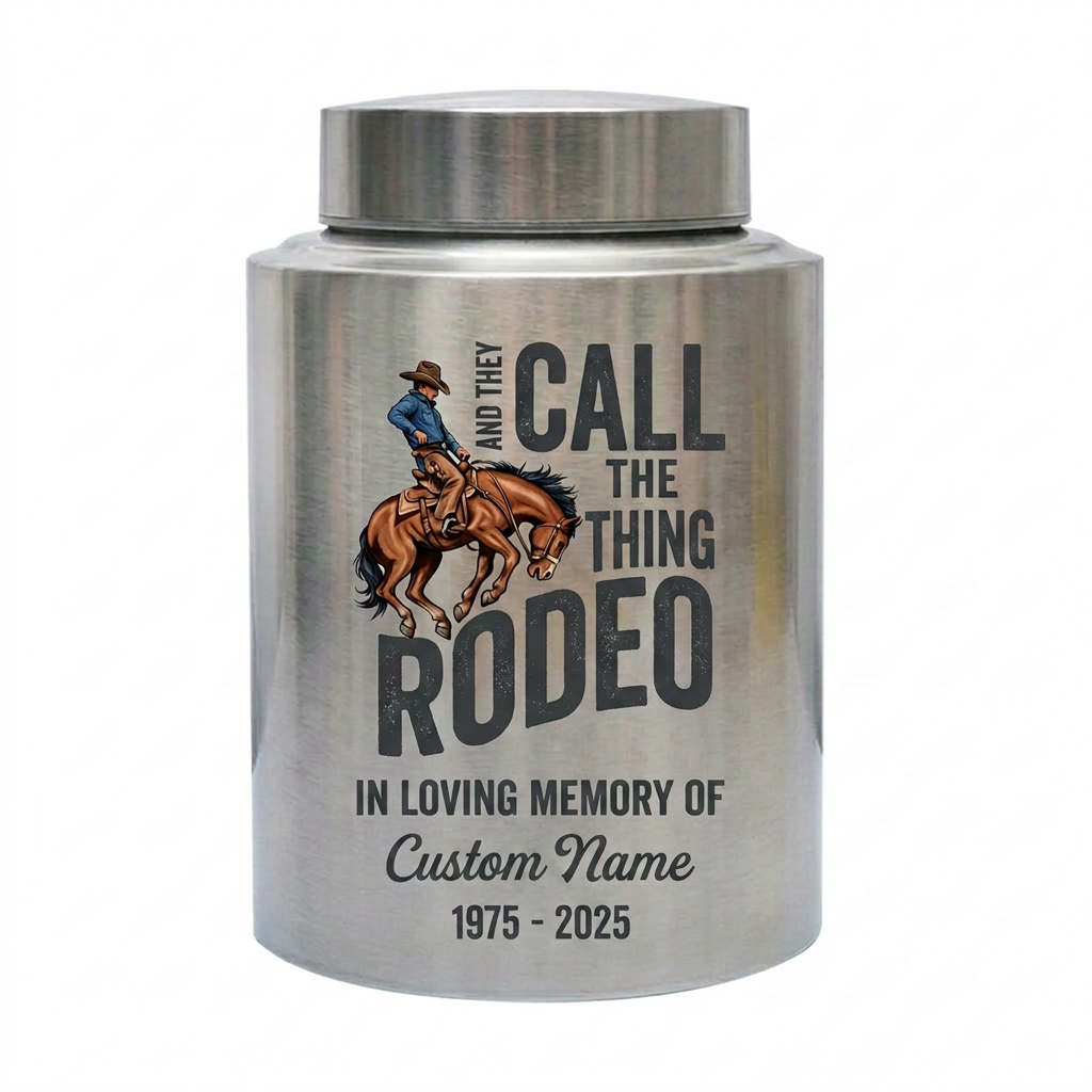 Personalized Western Cowboy Rodeo Bucking Bronco Stainless Steel Urn for Adult Human Ashes Father Husband Funeral Tribute Large Small Memorial Keepsake Urn, Memorial Gift, In Loving Memory - Image 1