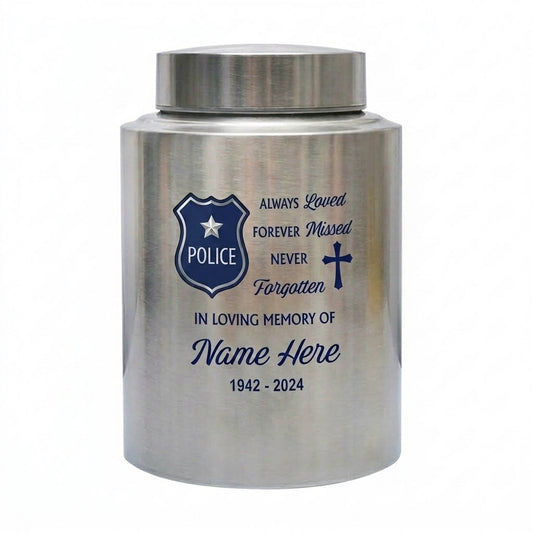 Personalized Police Officer Shield Badge Cross Stainless Steel UV Printed Law Enforcement Tribute Ash Holder Large Small Sizes Memorial Keepsake Urn, Memorial Gift, In Loving Memory - Image 1