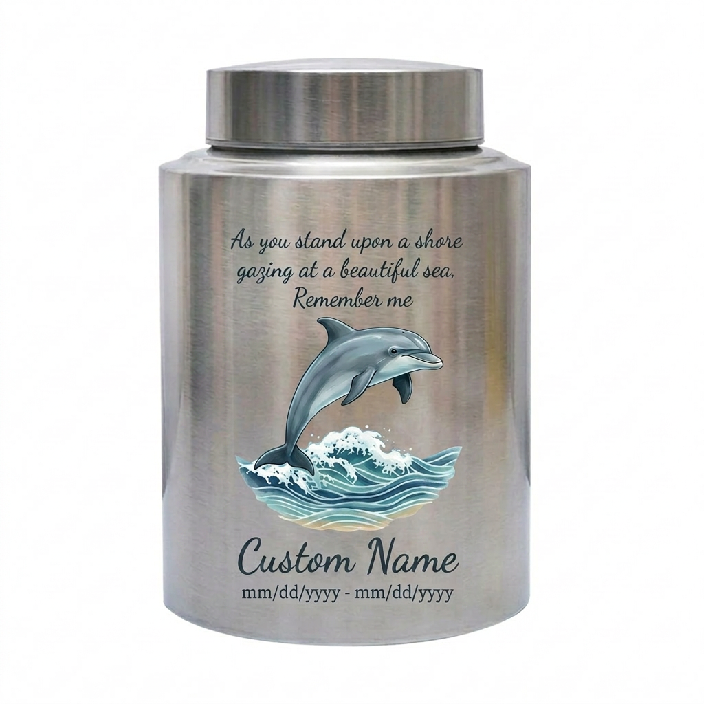 Personalized Dolphin Ocean Beach Themed UV Printed Metal Funeral Ash Container For Mom Dad Adult Male Female Large Cremation Memorial Keepsake Urn, Memorial Gift, In Loving Memory - Image 1