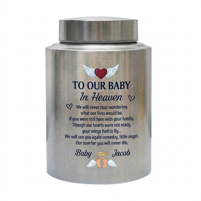 Personalized Infant Footprints Angel Wings Baby Loss Stainless Steel Urn For Grieving Parents Miscarriage Child Remembrance Small Or Large Memorial Keepsake Urn, Memorial Gift, In Loving Memory - Image 1