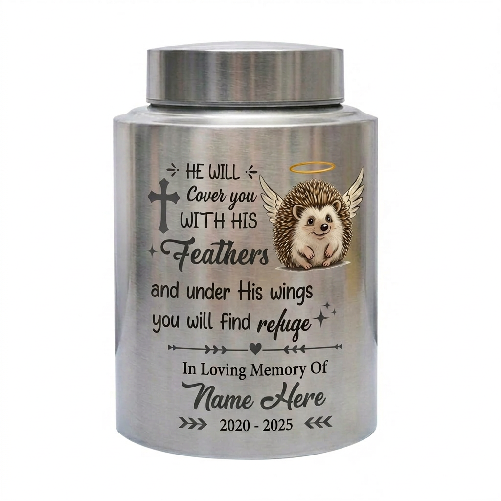 Personalized Angel Hedgehog Pet Loss UV Printed Stainless Steel Cremation Urn Christian Bible Verse Psalm 91 Sympathy Present Decor Memorial Keepsake Urn, Memorial Gift, In Loving Memory - Image 1