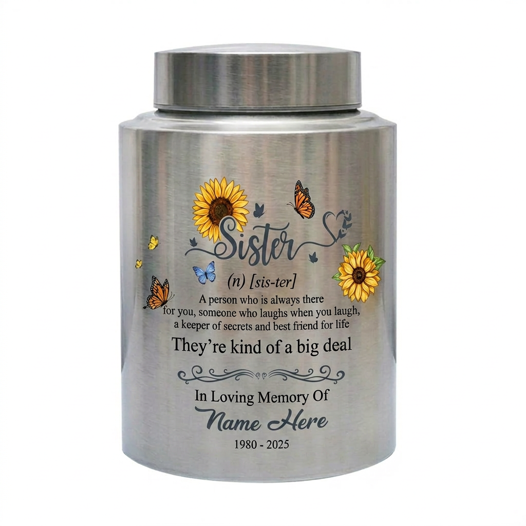 Personalized Sunflower Butterfly Sister Memorial Stainless Steel UV Print Urn for Loss of Best Friend Sister-in-Law Bereavement Tribute 2 Sizes Memorial Keepsake Urn, Memorial Gift, In Loving Memory - Image 2