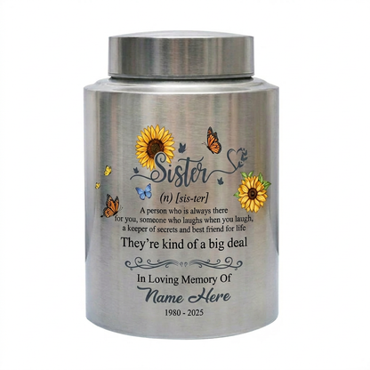 Personalized Sunflower Butterfly Sister Memorial Stainless Steel UV Print Urn for Loss of Best Friend Sister-in-Law Bereavement Tribute 2 Sizes Memorial Keepsake Urn, Memorial Gift, In Loving Memory - Image 2