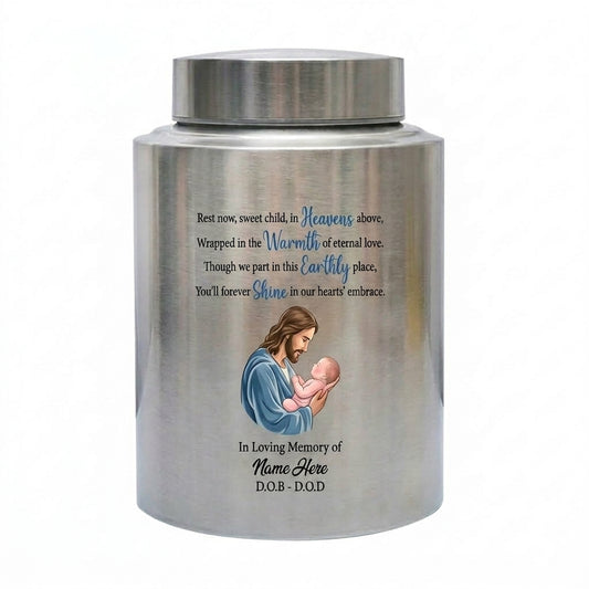 Personalized Baby of Jesus Stainless Steel Cremation Urn for Infant Child Boy Girl Loss Miscarriage Bereavement 2 Sizes 4 Colors Memorial Keepsake Urn, Memorial Gift, In Loving Memory - Image 2