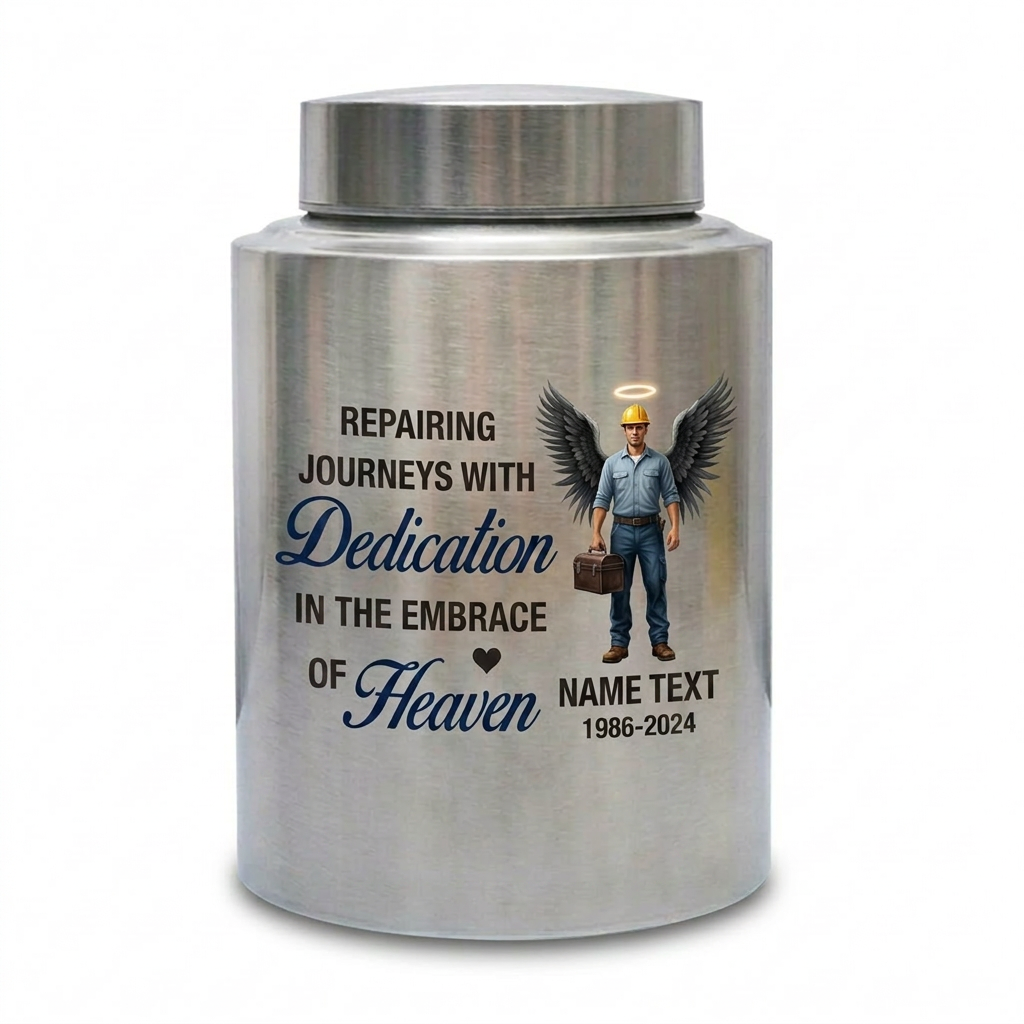 Personalized Mechanic Man Design Repairing Journeys Stainless Steel Urn for Father Husband Auto Worker Tribute 2 Sizes Available Memorial Keepsake Urn, Memorial Gift, In Loving Memory - Image 2