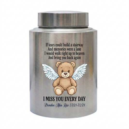 Personalized Teddy Bear Baby Infant Child Stainless Steel Decorative Engraved Urn for Loss of Son Daughter Boy Girl Large and Small Sizes Memorial Keepsake Urn, Memorial Gift, In Loving Memory - Image 2