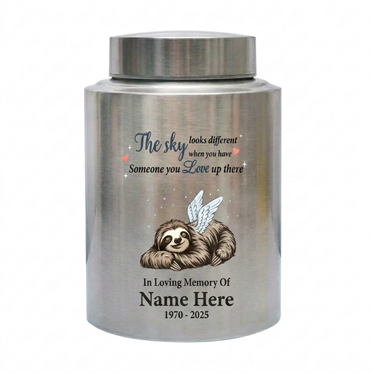 Personalized Sloth Cremation Urn UV Printed Stainless Steel Ash Holder The Sky Looks Different Quote For Animal Lovers Adult Pet Ashes Memorial Keepsake Urn, Memorial Gift, In Loving Memory - Image 2